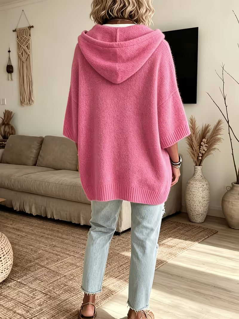 Hooded Drawstring Oversized Knit Poncho Sweater 4