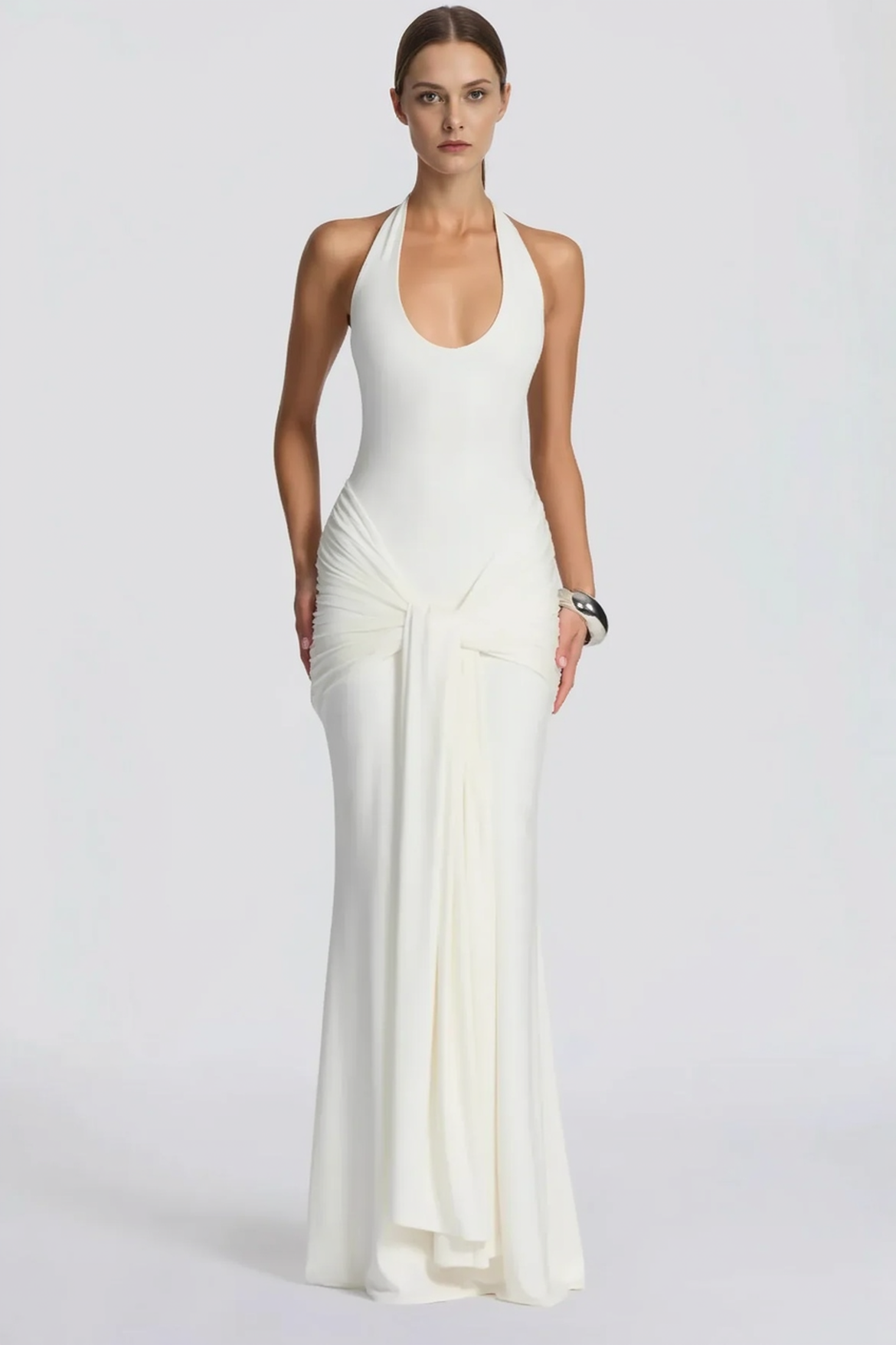 Halter Neck Backless Draped Bodycon Maxi Dress