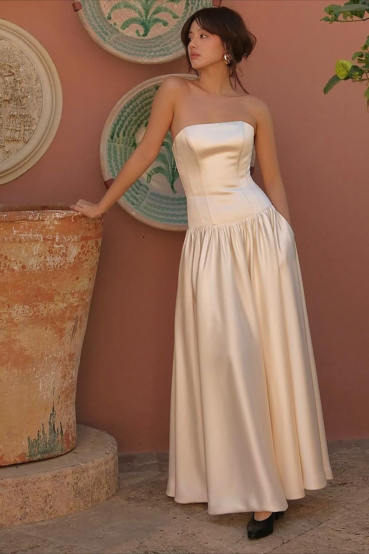 Strapless Drop Waist Satin A-Line Maxi Dress