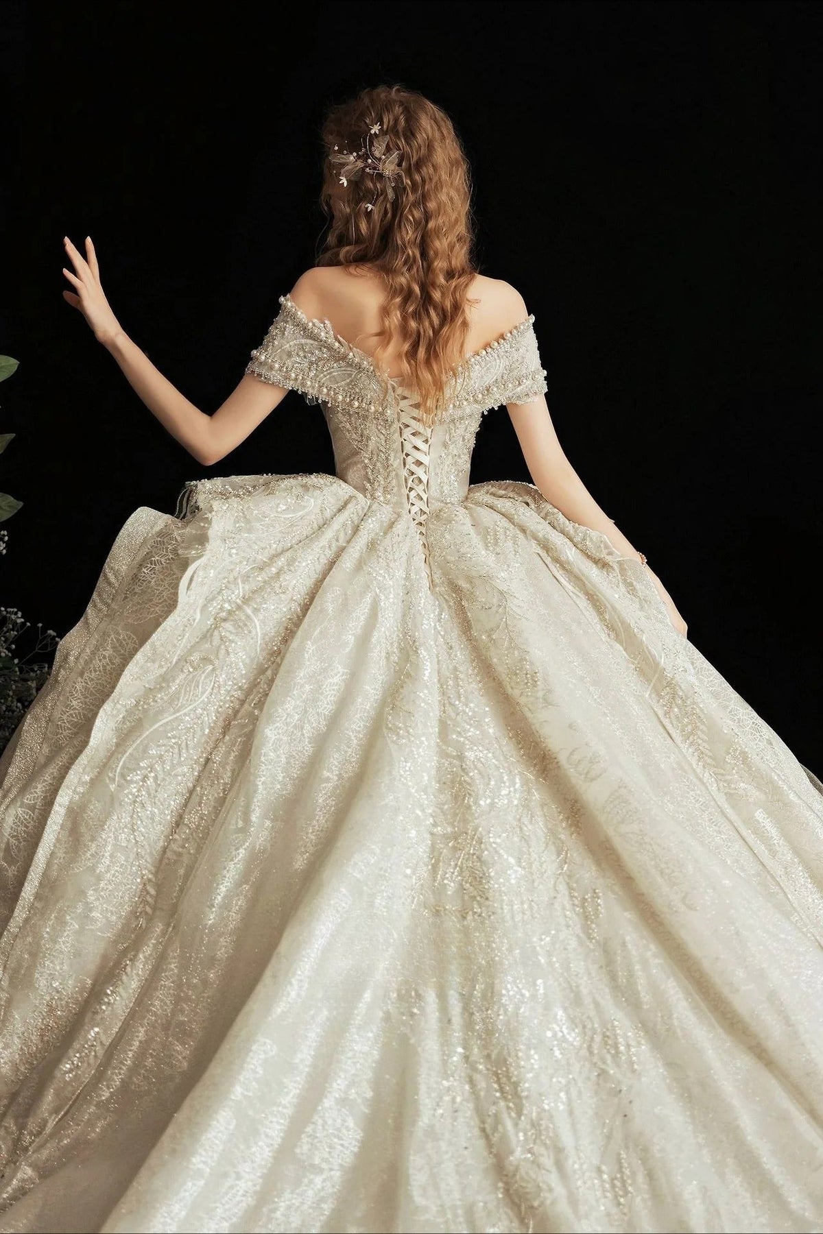 Lace Off Shoulder Sweetheart Pearl Beaded Structured Ball Gown - View 4