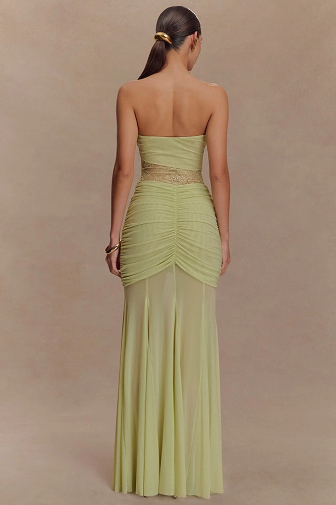 Strapless Twist Front Lace Corset Ruched Mermaid Maxi Dress 3