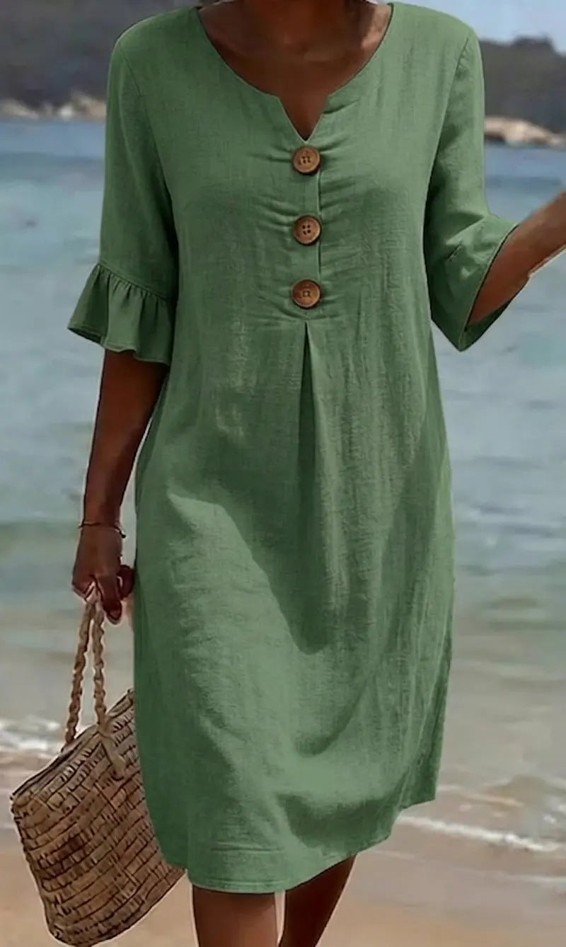 Button Front Notch Neck Ruffle Sleeve Linen Look Midi Dress