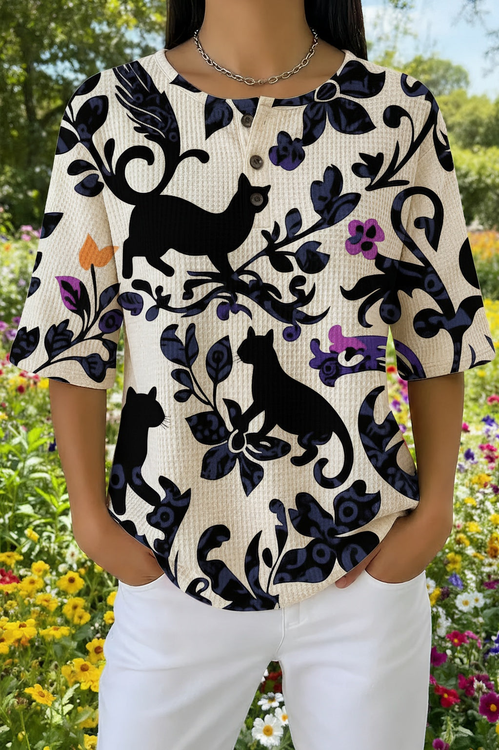 Cat Silhouette Floral Print Button Henley Waffle Knit Top