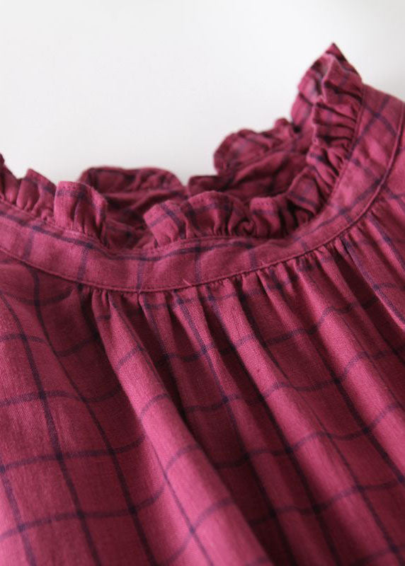 Plaid Print Ruffle Mock Neck Short Puff Sleeve A-Line Midi Dress - View 2