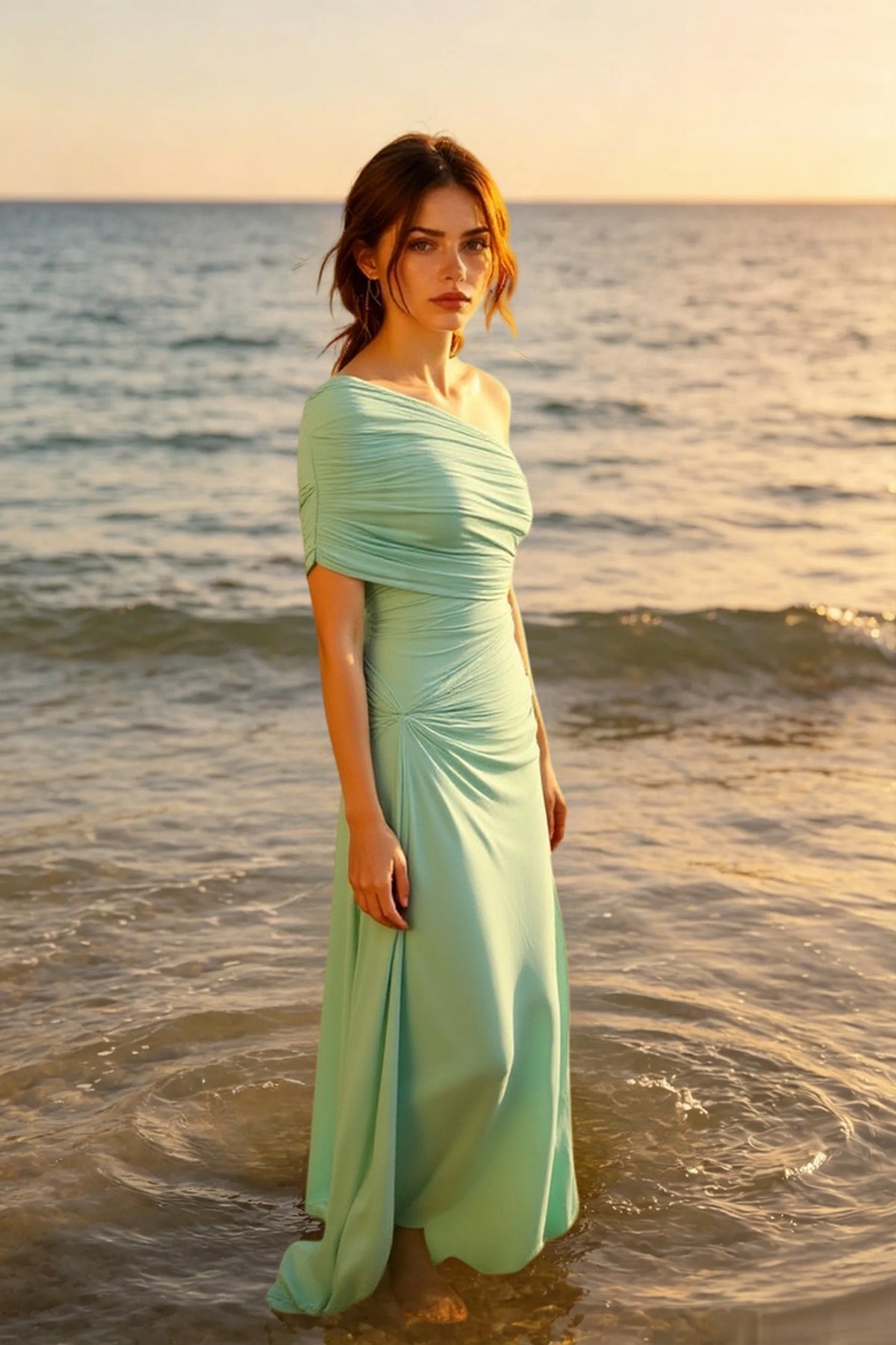 Satin Off Shoulder Ruched Mermaid Gown - View 6