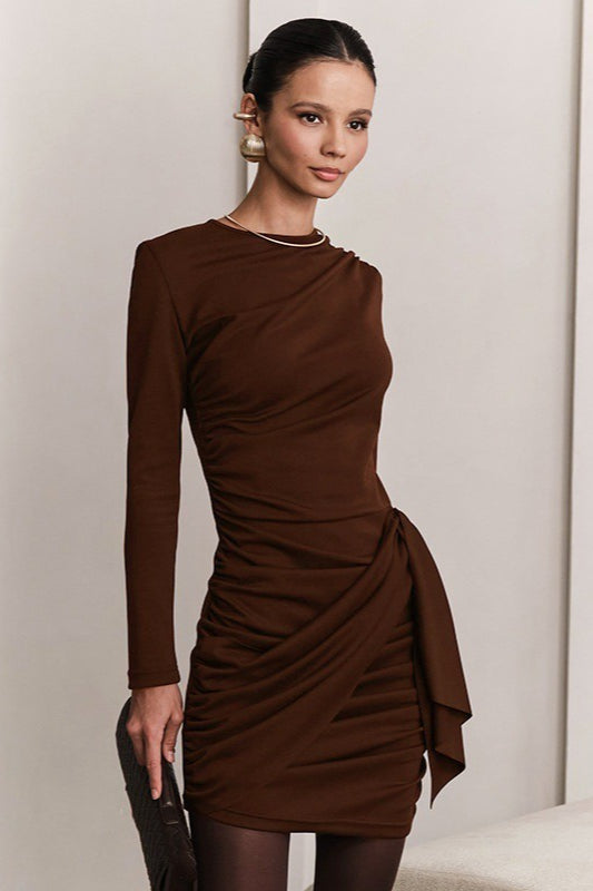 Crew Neck Long Sleeve Ruched Wrap Hip Knot Bodycon Mini Cocktail Dress - View 2