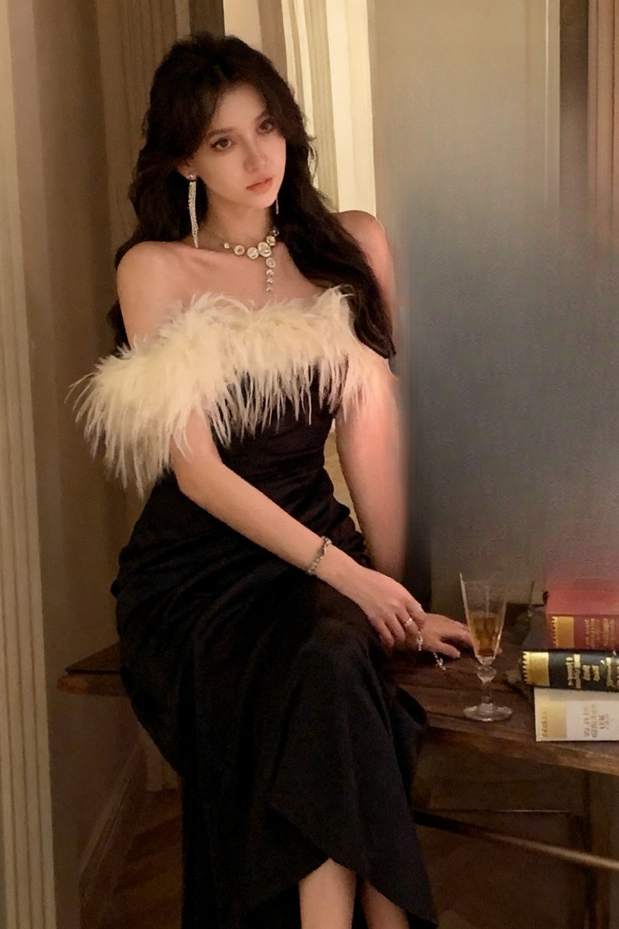 Satin Strapless Feather Trim Ruched Wrap Midi Dress - View 4