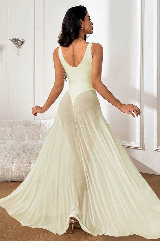 Sheer Mesh V-Neck Spaghetti Strap A-Line Maxi Dress - View 10