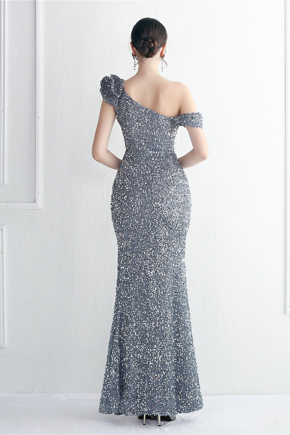Sequin One Shoulder Ruffle High Split Mermaid Gown - View 20