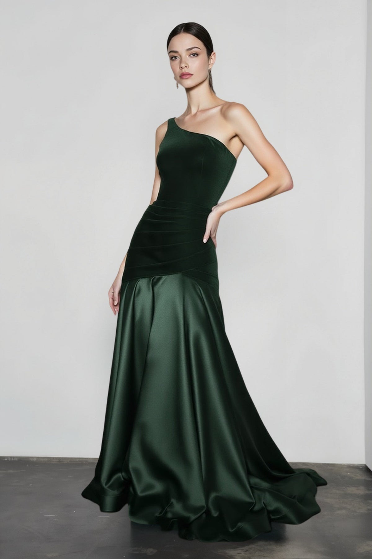 One Shoulder Velvet Satin A-Line Formal Gown - View 6