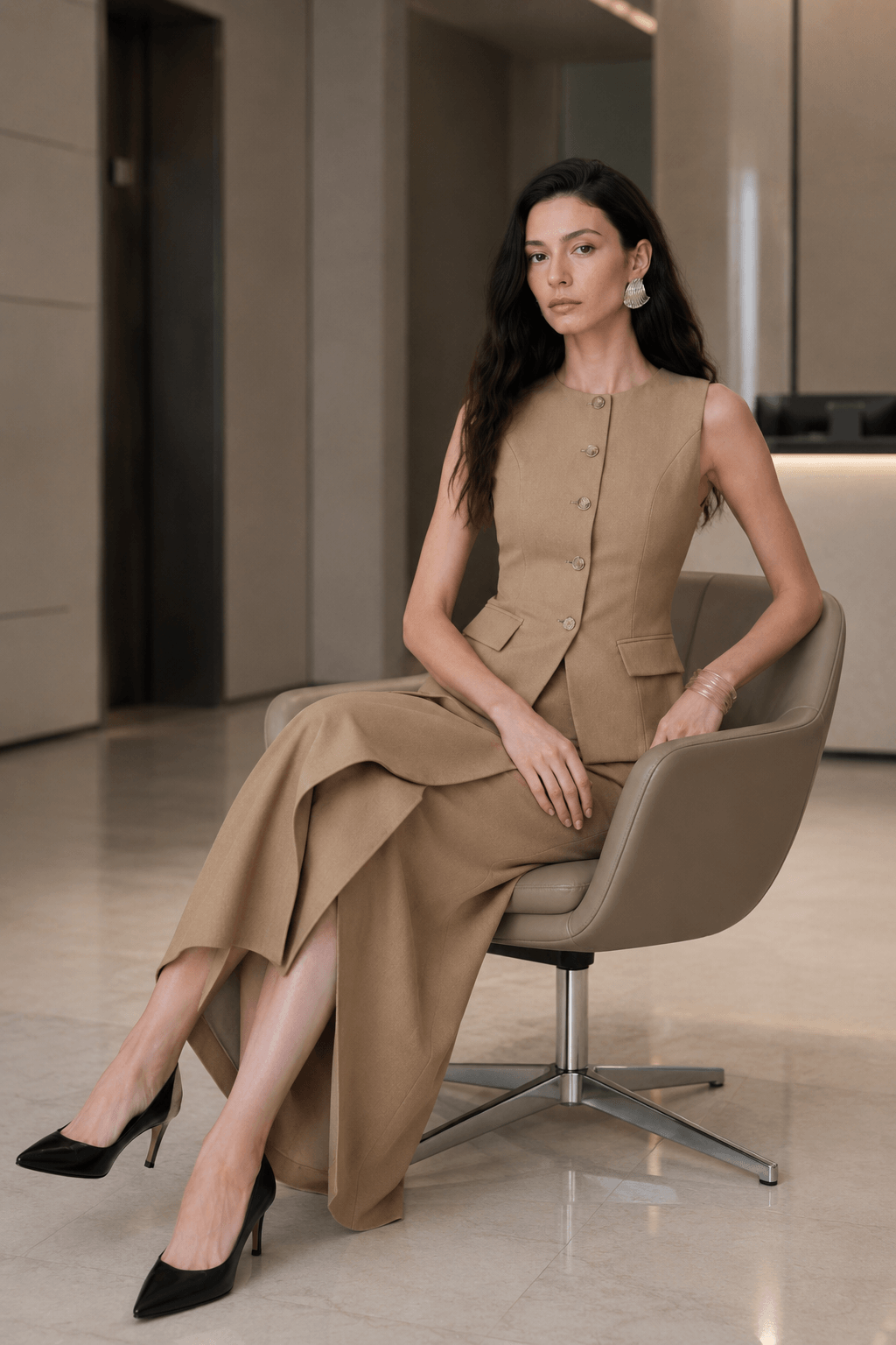 Ruffle Slit Skirt Two Piece Work Set