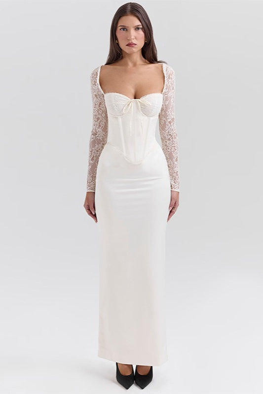 Satin Sweetheart Lace Sleeve Corset Mermaid Maxi Dress - View 6