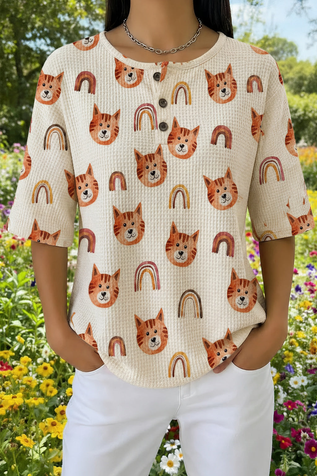 Cat and Rainbow Print Waffle Knit Henley Short Sleeve Top