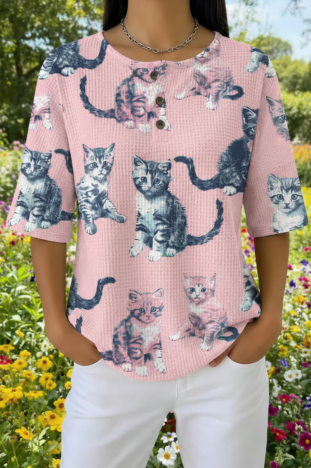 Kitten Print Henley Neck Short Sleeve Waffle Knit Top