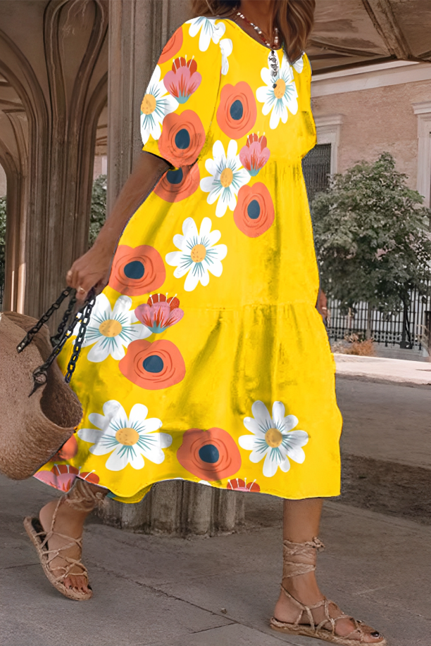 Leaf Print Short Sleeve Tiered Midi Dress 4
