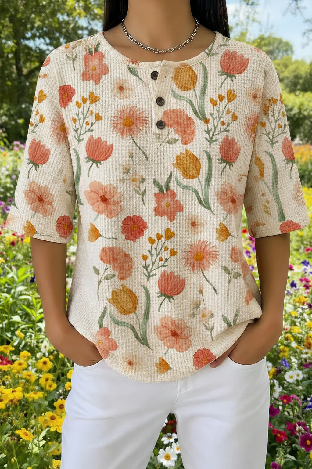 Floral Print Waffle Knit Henley Short Sleeve Top