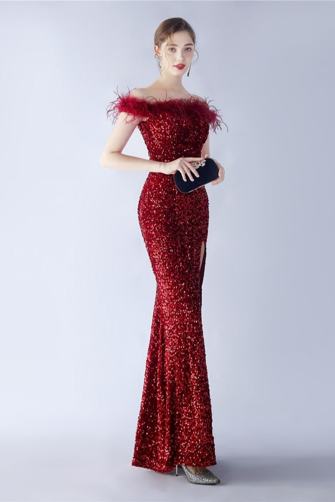 Sequin Off Shoulder Feather Trim High Split Mermaid Gown - View 3