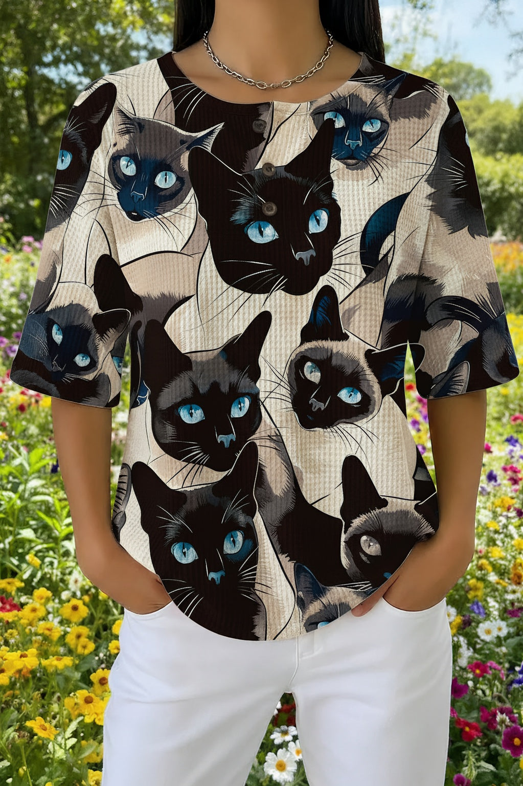 Siamese Cat Print Short Sleeve Waffle Knit Button Henley Top