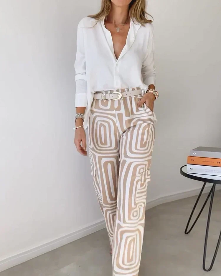 Long Sleeve Shirt and Geometric Print Wide Leg Pants Two Piece Set 2