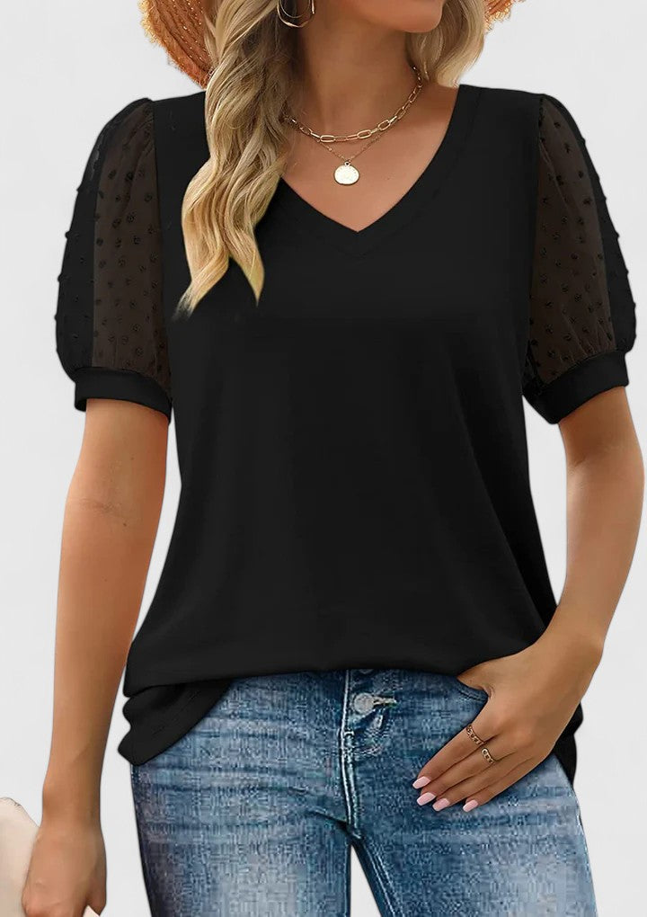 V-Neck Swiss Dot Mesh Puff Short Sleeve Top 3