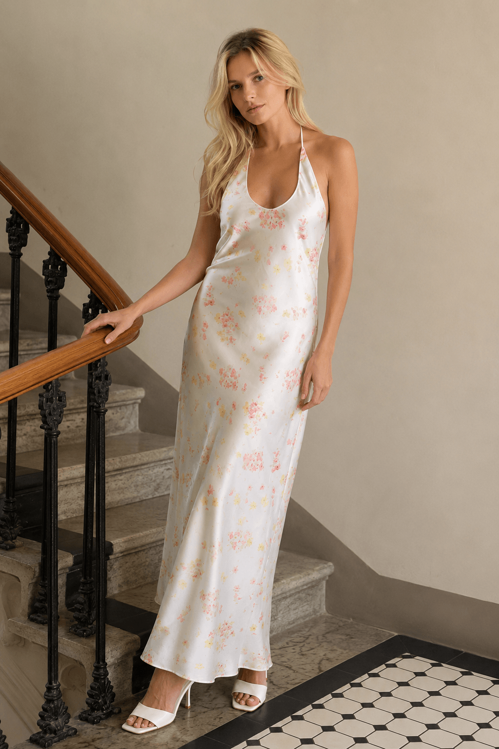 Backless Halter-Neck Satin Floral Dress