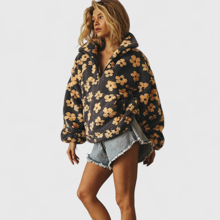 Floral Sherpa Fleece Half Zip Pullover Sweatshirt 4