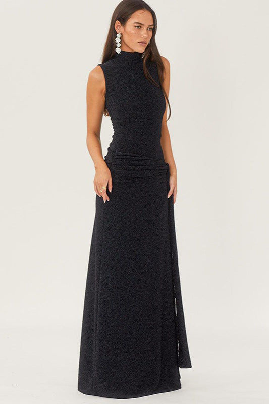 Glitter Mock Neck Sleeveless Ruched Hip Column Maxi Party Gown - View 7