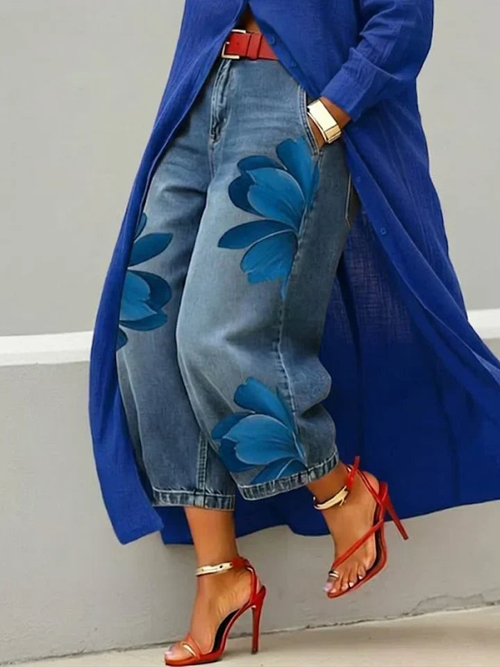 Long Sleeve Duster Shirt and Floral Wide Leg Jeans Two Piece Set 8
