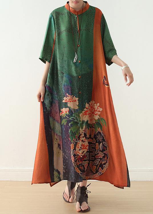 Floral Vase Print Mandarin Collar Half Sleeve Maxi Dress