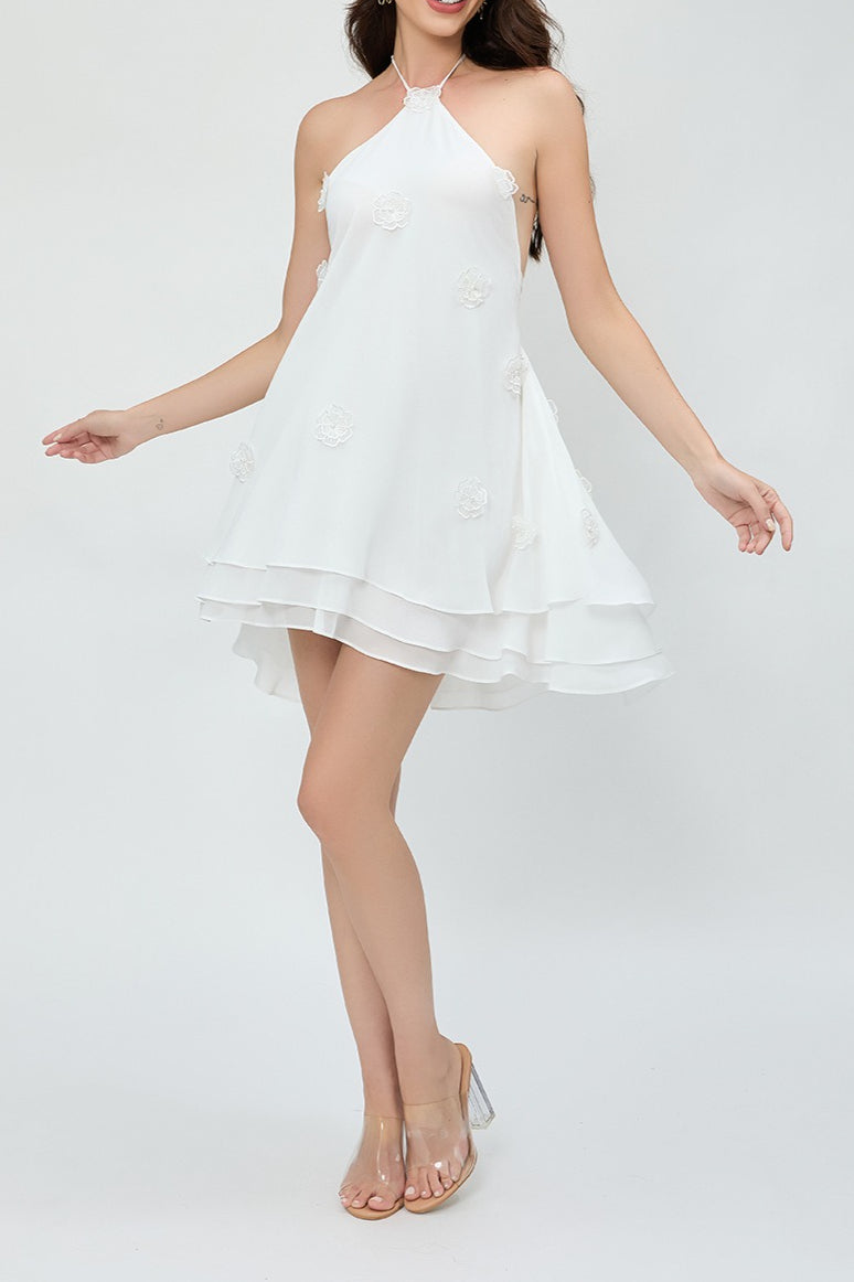 Halter Neck 3D Floral Tiered Ruffle Swing Mini Dress - View 3