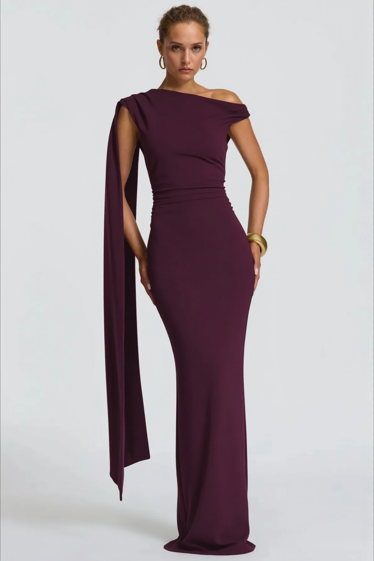 Asymmetrical Neck Long Sleeve Fitted Ruched High Waist Party Dress