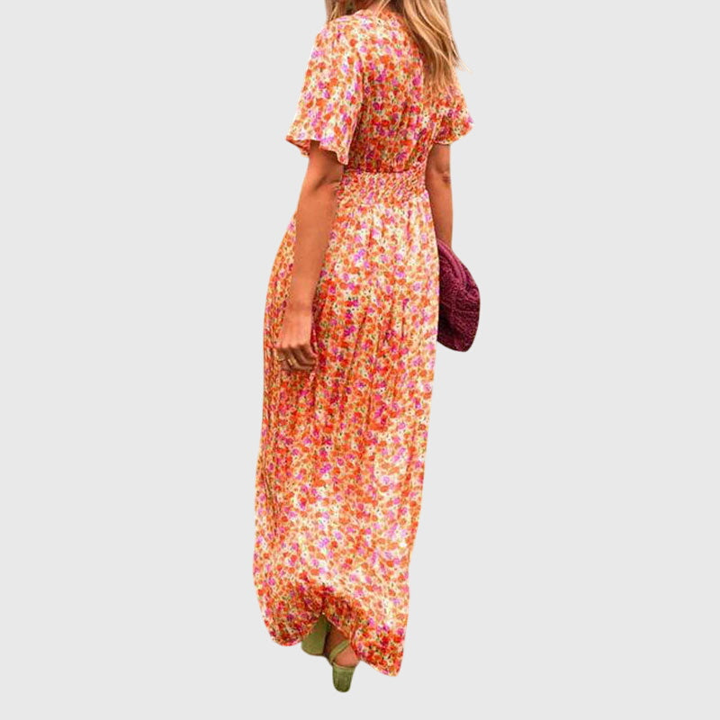 Floral V-Neck Flutter Sleeve Ruched Waist Maxi Dress 3