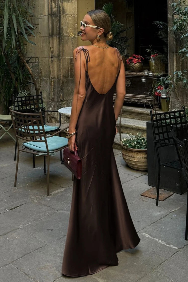 Clacive Fashion Loose Brown Satin Maxi Dress - View 4