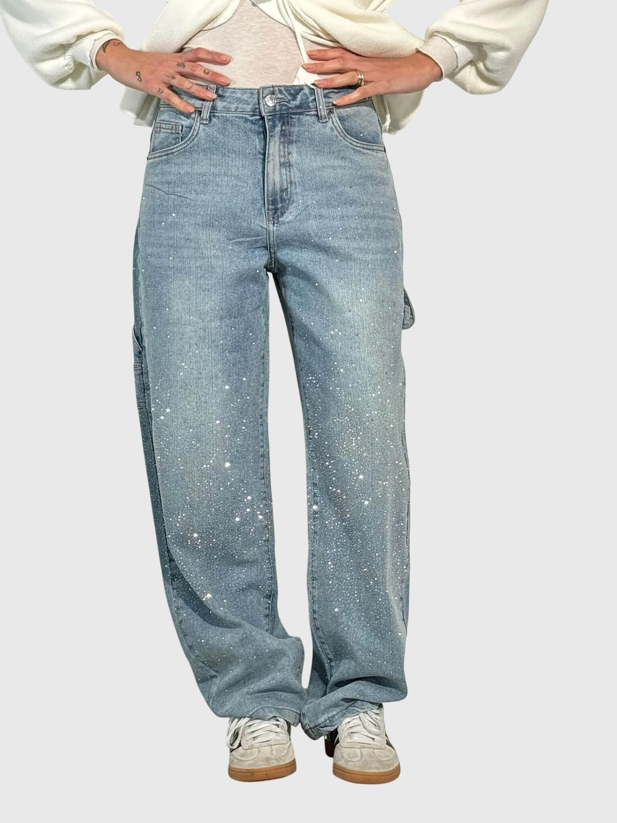 Rhinestone Embellished Wide Leg Cargo Jeans 6