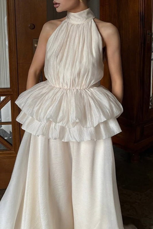 Halter High Neck Sleeveless Ruffle Peplum Maxi Dress 3