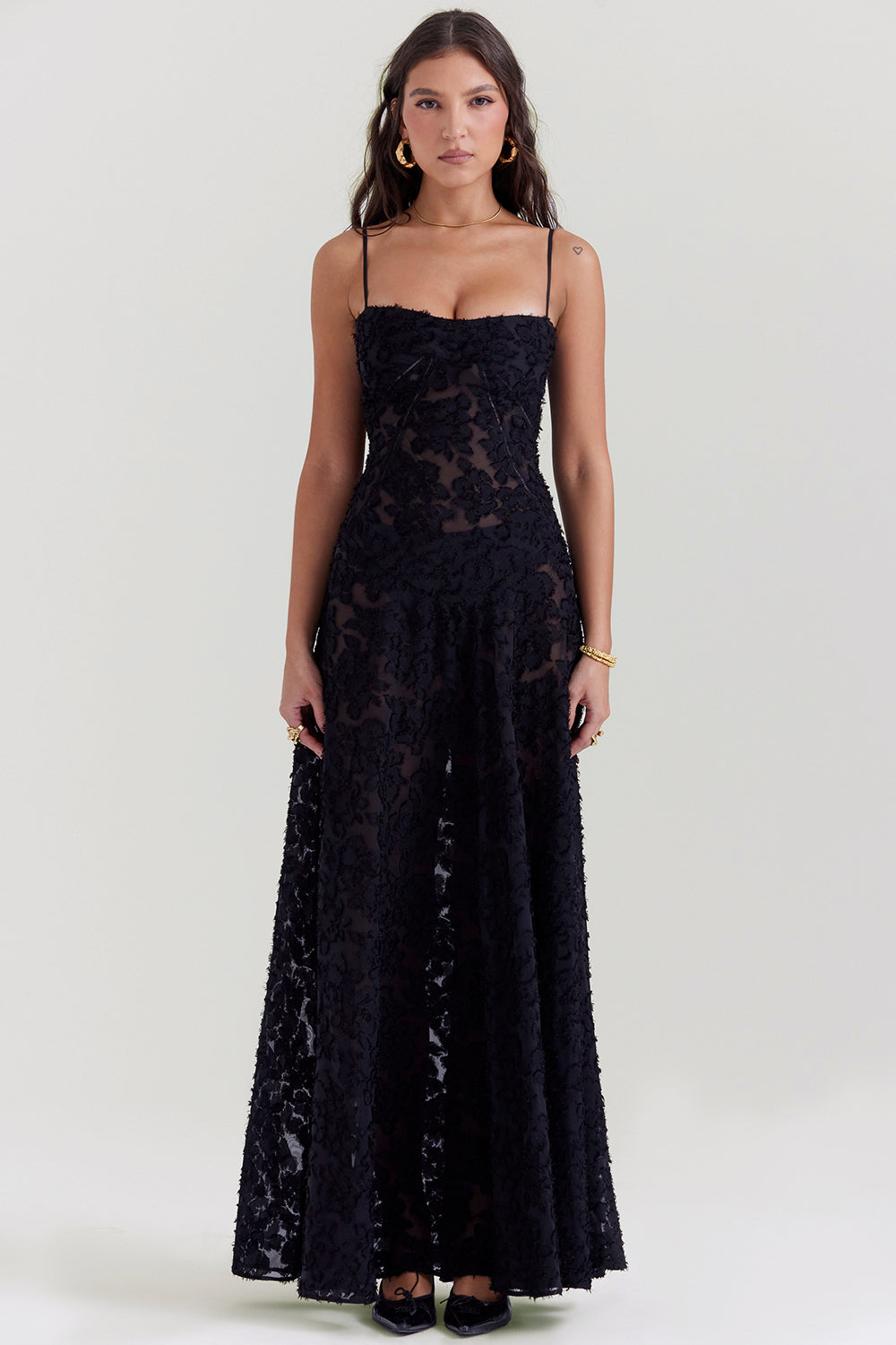Floral Lace Spaghetti Strap Corset Bodice Sheer Mesh Maxi Gown 47