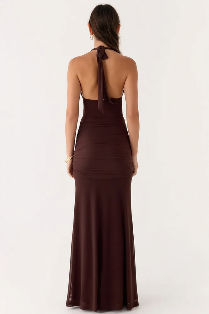 Deep V-Neck Halter Neck Backless Sash Bodycon Maxi Dress - View 9