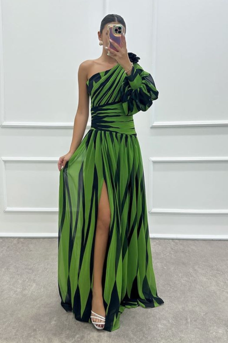 One Shoulder Puff Sleeve Ruched Waist Pleated High Split Maxi Gown - View 10
