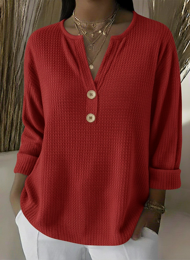 Waffle Knit Split Neck Button Henley Long Sleeve Top 3
