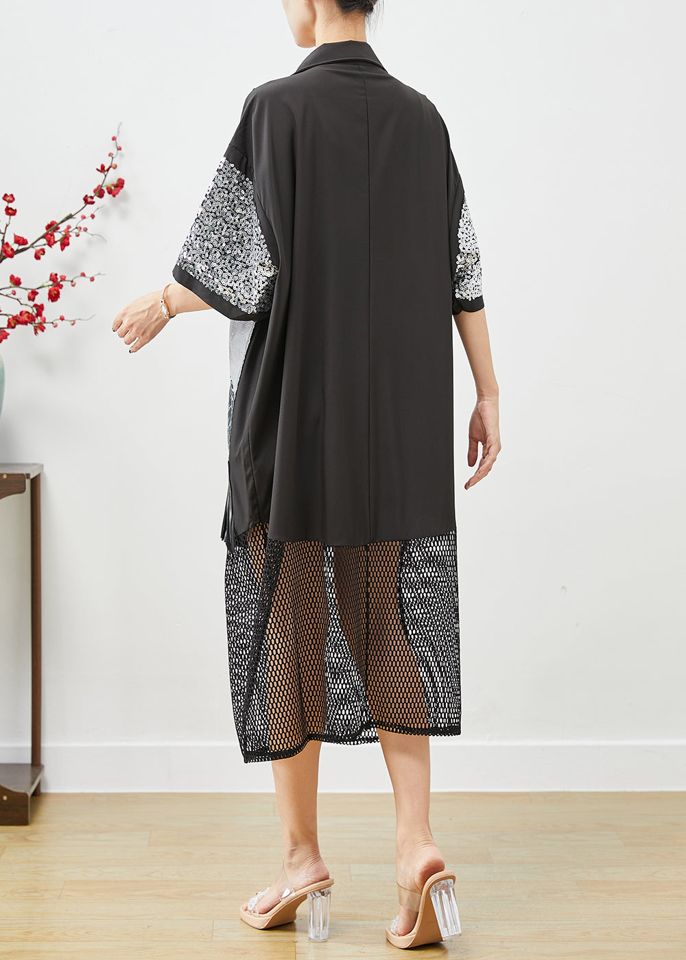 Sequin Sleeve Grommet Strap Graphic Print Fringe Mesh Hem Shirt Dress - View 4