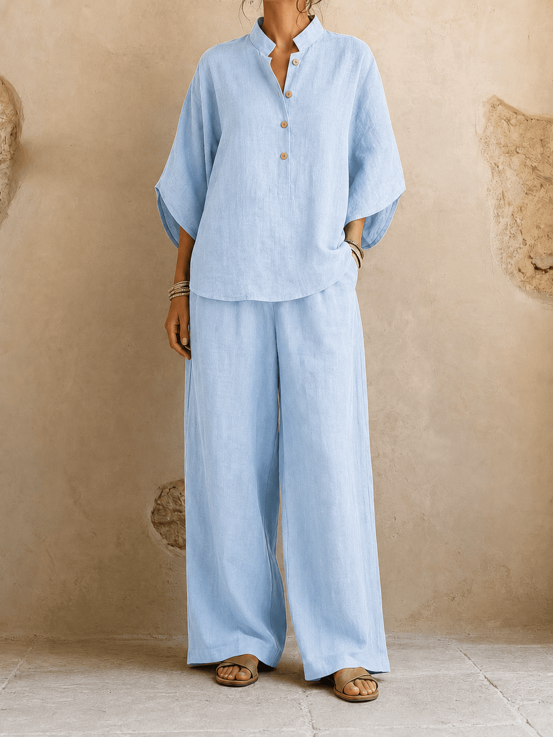 Stand Collar Three Quarter Sleeve Button Top and Wide Leg Pants Two Piece Set 6