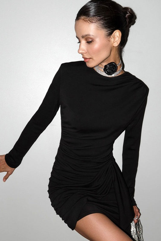 Round Neck Long Sleeve Ruched Wrap Mini Dress - View 5