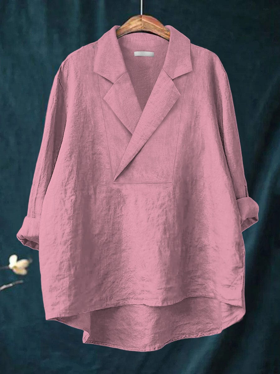Notch Lapel V-Neck Long Sleeve Linen Look Blouse 8