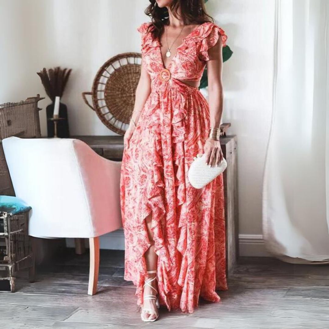 Paisley Print Deep V-Neck Flutter Sleeve Cut Out Maxi Dress - View 2