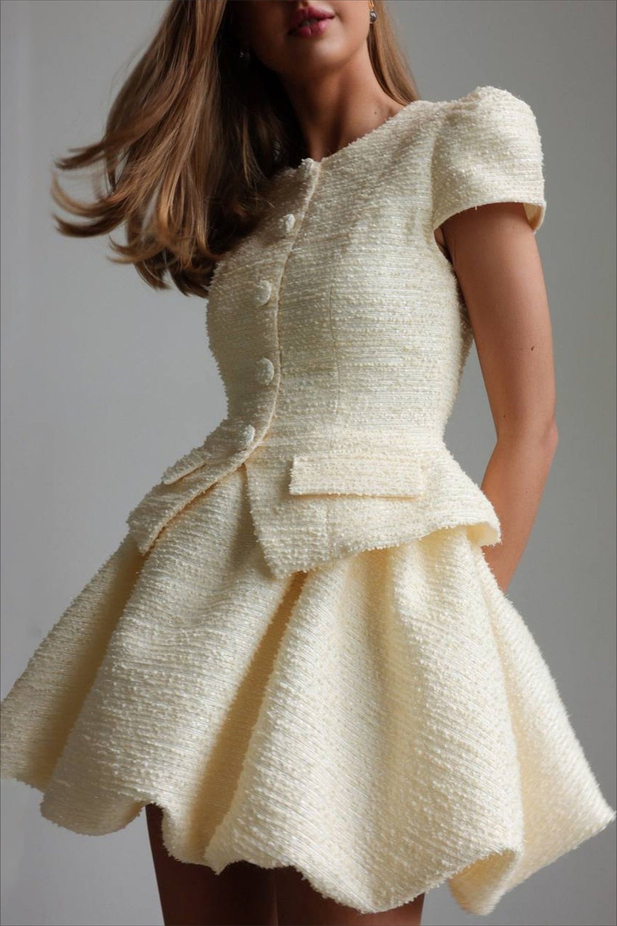 Short Boucle Cardigan Peplum Skirt Tweed Suit Set