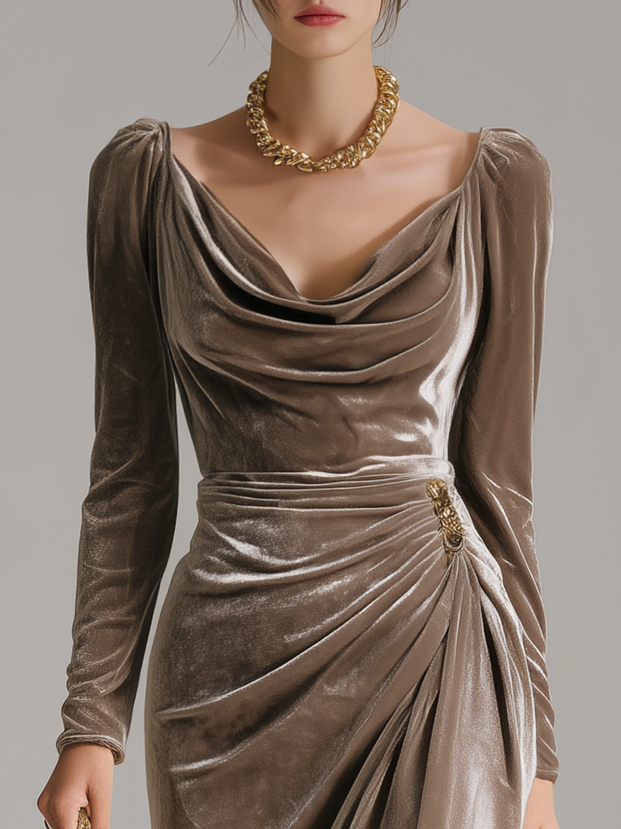Cowl Neck Long Sleeve Ruched Velvet Midi Dress 3