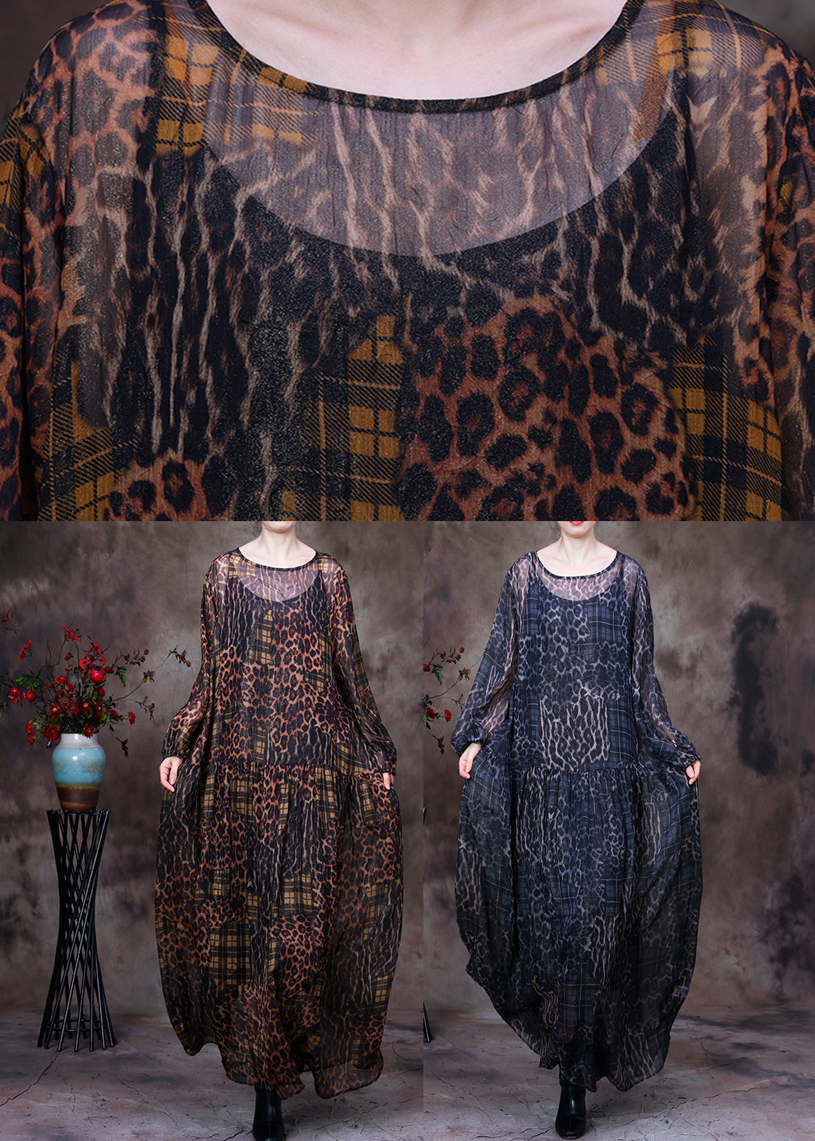 Sheer Leopard Plaid Patchwork Long Sleeve Balloon Sleeve Maxi Dress - View 5
