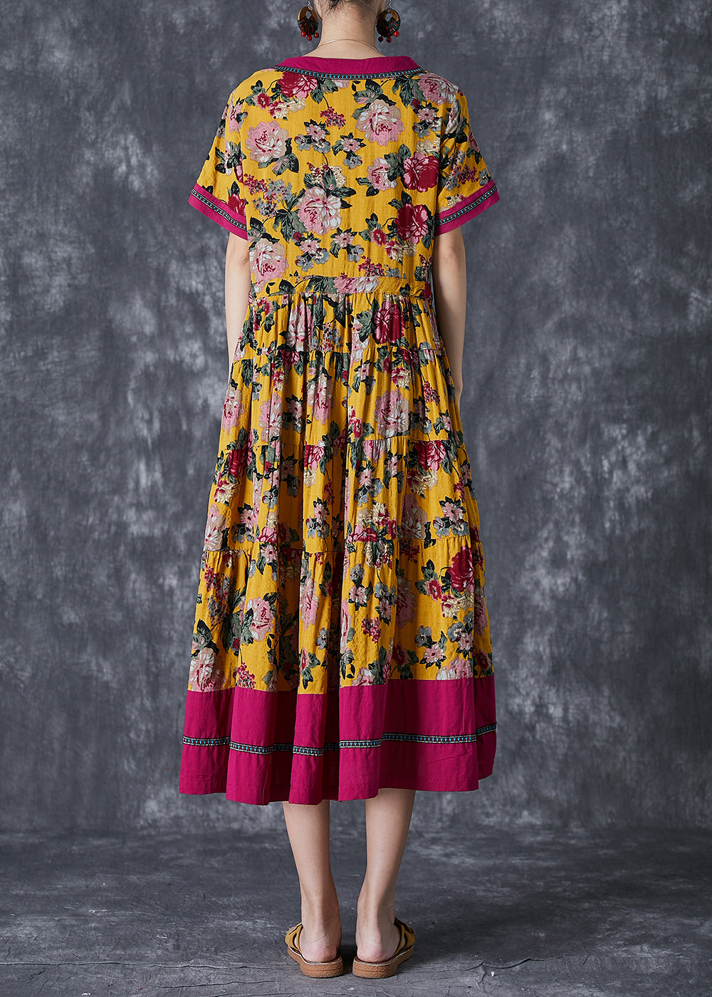 Floral Print V-Neck Contrast Trim Short Sleeve Midi Dress - View 4