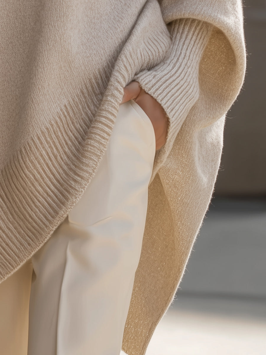 Mock Neck Oversized Asymmetric Hem Ribbed Poncho Sweater 9