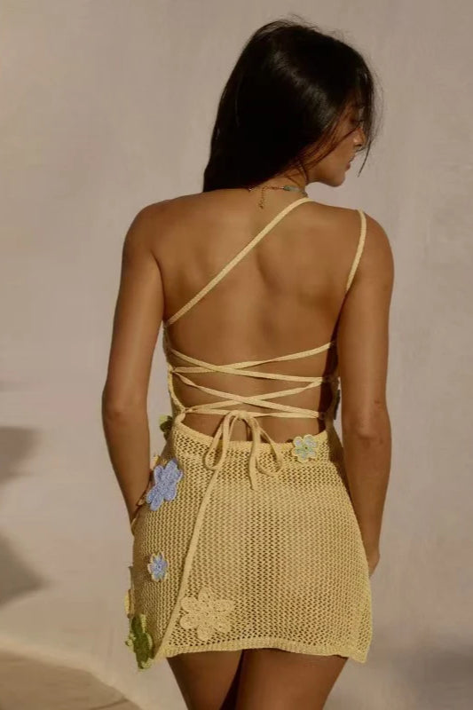 Crochet Mesh One Shoulder 3D Floral Applique Cut Out Mini Dress - View 4